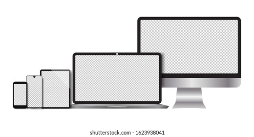 Realistic computers, laptops, tablets, smartphone monitors with a white background