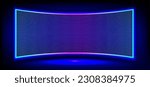 Realistic concave LED screen on wall or stage. Vector illustration of large TV display with glowing neon blue, purple dot lights on black background. Digital score panel with diode lamps for stadium