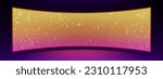 Realistic concave LED screen on wall or stage. Vector illustration of large TV display with glowing neon yellow, pink dot lights on black background. Digital score panel with diode lamps for stadium