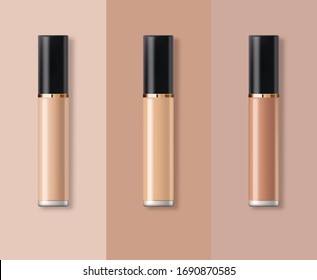 Realistic Concealer Bottle, Makeup Cosmetics, Concealer Of Face Skin Corrective, Packaging Mockup Isolated Set, Vector Illustration