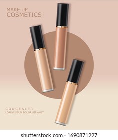 Realistic concealer bottle, makeup cosmetics, concealer of face skin corrective, packaging mockup isolated set, vector illustration