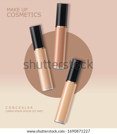 Realistic concealer bottle, makeup cosmetics, concealer of face skin corrective, packaging mockup isolated set, vector illustration