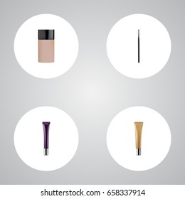 Realistic Concealer, Brow Makeup Tool, Day Creme And Other Vector Elements. Set Of Maquillage Realistic Symbols Also Includes Cream, Brush, Skincare Objects.