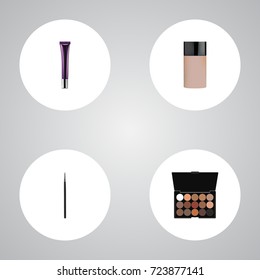 Realistic Concealer, Multicolored Palette, Cosmetic Stick And Other Vector Elements. Set Of Cosmetics Realistic Symbols Also Includes Stick, Foundation, Palette Objects.