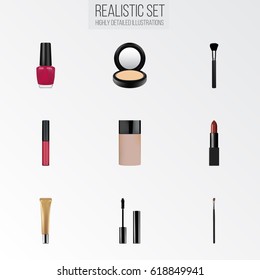 Realistic Concealer, Pomade, Eyelashes Ink And Other Vector Elements. Set Of Greasepaint Realistic Symbols Also Includes Cream, Brow, Cosmetic Objects.