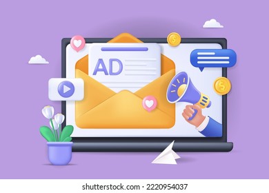 Realistic concept of Advertising scene without people in 3D cartoon design. Image of advertisements on a laptop screen. Vector illustration.