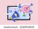 Realistic concept of digital marketing scene without people in 3D cartoon style. Image of the main functions of marketers. Vector illustration.