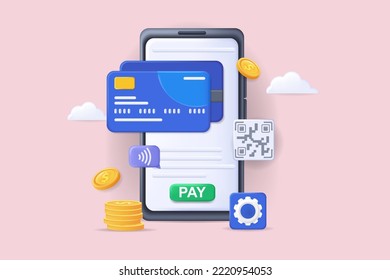 Realistic concept of electronic wallet scene without people in 3D cartoon design. Image of an electronic wallet and bank cards. Vector illustration.