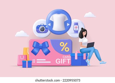 Realistic concept of gift certificate scene with people in 3D cartoon design. Girl chooses the goods on which to spend her gift certificate. Vector illustration.