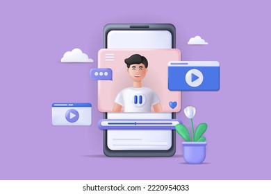 Realistic concept of mobile video player scene without people in 3D cartoon style. Image of the smartphone used to watch the video. Vector illustration.