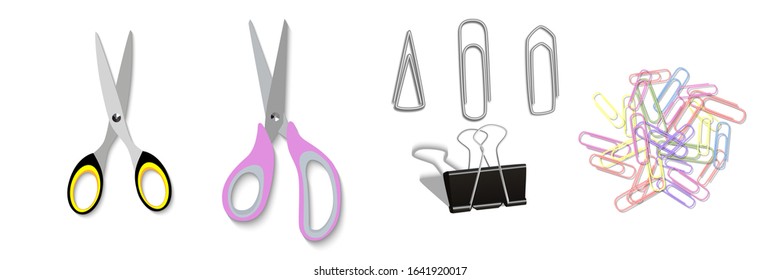Realistic concept of office supplies scissors, colorful paper clips, metal clips of various shapes, binder. Office supply school. Office and education equipment. Vector illustration