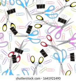 Realistic concept of office supplies scissors, colorful paper clips, metal clips of various shapes, binder. Seamless pattern office and education equipment. Vector illustration