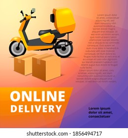 Realistic concept of online delivery with bike for delivery service, e-commerce, online shopping, delivering gifts, receiving package from courier to customer. Realistic package boxes.