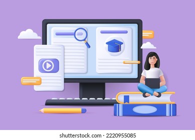 Realistic concept of online education scene with people in 3D cartoon style. Girl acquires knowledge online. Vector illustration.