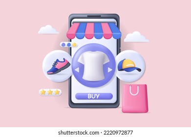 Realistic concept of online shopping scene without people in 3D cartoon style. Image of the online store page in a smartphone. Vector illustration.