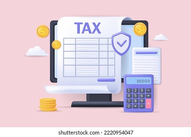 Realistic concept of online tax scene without people in 3D cartoon design. Image of tax bills on a computer screen. Vector illustration.