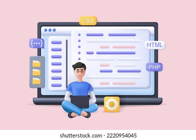 Realistic concept of programming scene without people in 3D cartoon design. Programmer writes code for a program on a laptop. Vector illustration.