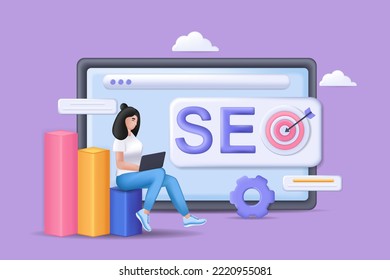 Realistic concept of seo development scene with people in 3D cartoon style. Girl is working on seo developments in the laptop. Vector illustration.