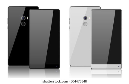 Realistic concept smartphone white, silver and black. Easy place image into screen phone with shiny layer. Vector cell phone back front view isolated. Smartphone with edge side style.
