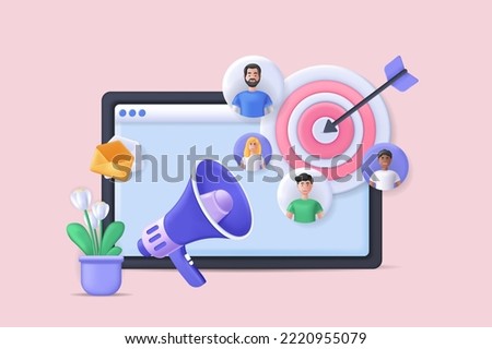 Realistic concept of SMM scene without people in 3D cartoon design. Image of a laptop that is used to work with SMM. Vector illustration.