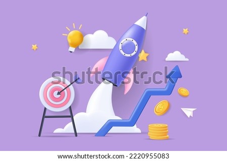 Realistic concept of startup scene without people in 3D cartoon design. Image of the launch of a new startup. Vector illustration.