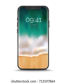 Realistic conceptual smart phone with a bezel-less screen. Mock-up illustration for presentation mobile app designs. High-quality and detailed vector illustration isolated on white background.