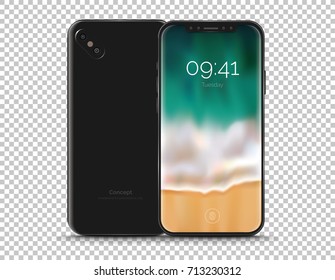 Realistic conceptual smart phone with a bezel-less screen. Mock-up illustration for presentation mobile app designs. High-quality and detailed vector illustration isolated on white background.