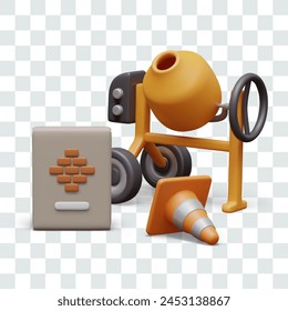 Realistic concrete mixer, cement bag, signal cone. Isolated vector composition