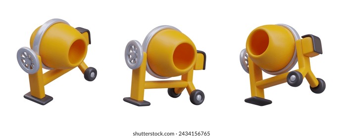 Realistic concrete mixer with empty drum. Set of vector objects in different positions