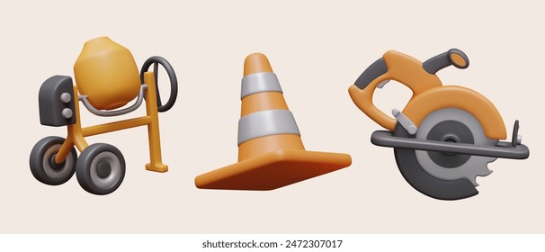 Mezclador de hormigón realista, cono de señal, sierra circular. Conjunto de iconos de construcción 3D de Vector