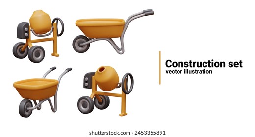 Realistic concrete mixer and wheelbarrow in different positions