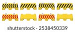 Realistic concrete road barrier icon symbol set. Yellow and black Traffic concrete barricades sign collection. Vector illustration image. Isolated on white background.