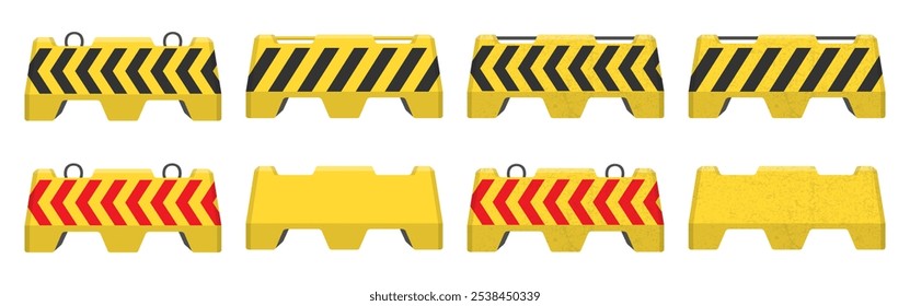 Conjunto de símbolos de icono de barrera de carretera de hormigón realista. Barricadas de hormigón de tráfico amarillas y negras indican colección. Imagen de Ilustración vectorial. Aislado sobre fondo blanco.