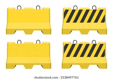 Conjunto de símbolos reais de ícone de barreira rodoviária de concreto. Coleção de sinais de barricadas de concreto de tráfego amarelo e preto. Imagem de ilustração vetorial. Isolado no fundo branco.