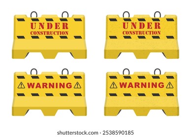 Realistic concrete road barrier icon symbol set. Under construction, warning barricades sign collection. Vector illustration image. Isolated on white background.