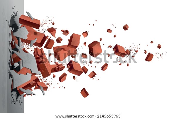 Realistic concrete wall exploding with\
flying brick pieces vector\
illustration