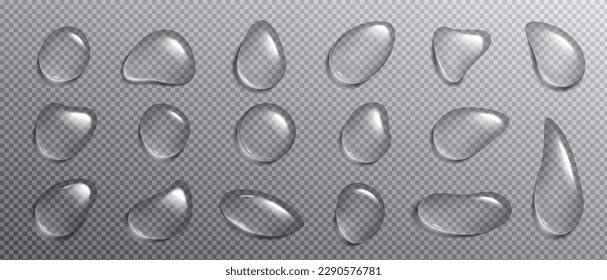 Lágrimas de agua de condensación realista. Gotas vectoriales aisladas sobre fondo transparente. 3 quinquies juego de textura de gota de vidrio transparente. Ilustración de png de superficie húmeda líquida con vista macro de diseño de reflexión blanca.