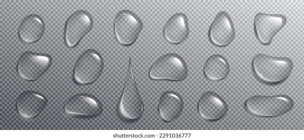 Realistic condensation water tears. Isolated vector droplet on transparent background. 3d clear glass drop texture set. Liquid wet surface png illustration with white reflection design macro view.