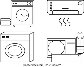 Realistic conditioner. Air conditioners with ionizer refreshing cool aires purifier on ac energy. Realistic washing machine mockup. Modern laundromat. Washing machine for washing cloth line icon.