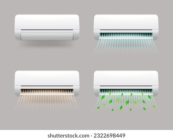 Flujo de acondicionador realista. Acondicionadores de aire sobre la pared soplan la brisa fría o la ola de viento de calor, efecto de flujo de aire del ventilador aire acondicionado viento fresco y cálido, e ilustración vectorial exacta del acondicionador de aire