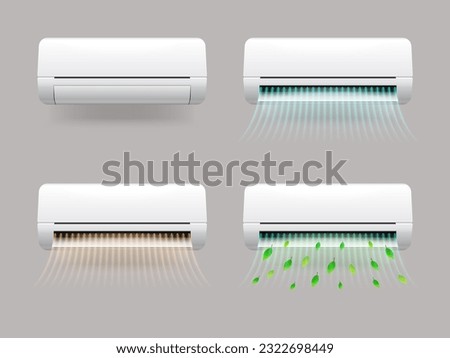 Realistic conditioner flow. Air conditioners on wall blow cold breeze or heat wind wave, fan airflow effect ac aire conditioning cool and warm winds, ad exact vector illustration of air conditioner