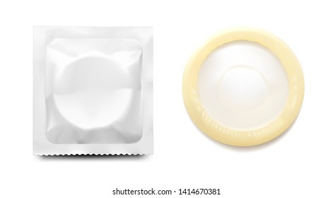 Condón realista con paquete. Ilustración vectorial. Fácil de utilizar para la presentación de su producto, idea, diseño. EPS10.	