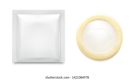 Realistic condom with package. Vector illustration. Easy to use for presentation your product, idea, design. EPS10.	