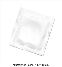 Realistic condom with package. Vector illustration isolated on white background. Easy to use for presentation your product, idea, design. EPS10.	