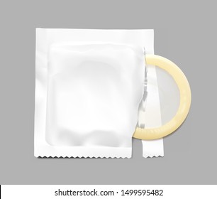 Realistic condom with package. Vector illustration on grey background. Easy to use for presentation your product, idea, design. EPS10.	