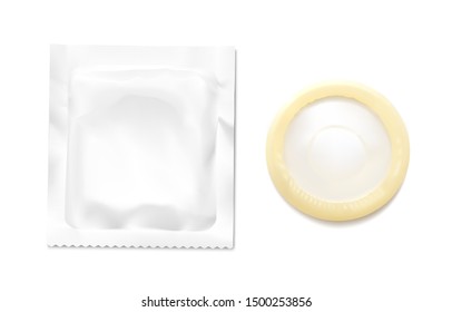 Realistic condom with package. Vector illustration isolated on white background. Easy to use for presentation your product, idea, design. EPS10.	