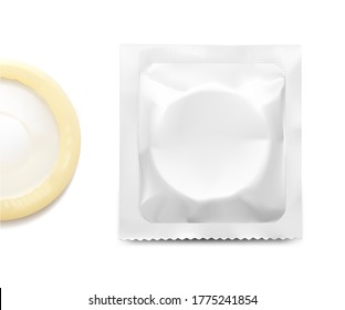 Realistic condom with package. Vector illustration isolated on white background. Easy to use for presentation your product, idea, design. EPS10.	