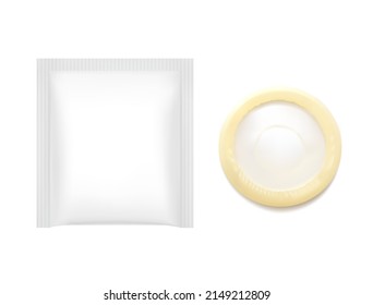 Realistic condom with package. Vector illustration isolated on white background. Easy to use for presentation your product, idea, design. EPS10.	