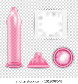  Condones y paquetes realistas se establecen aislados en un contexto transparente. Ilustración vectorial.