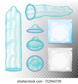 Realistic Condoms Vector. Aids Protection. Unpacked And Packed Condoms. Contraceptive And Sexual Protection Concept. Isolated On Transparent Background Illustration